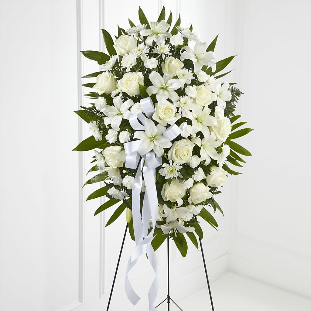 Exquisite Tribute Standing Spray-White Ribbon – All Occasion Florist, Sevierville TN